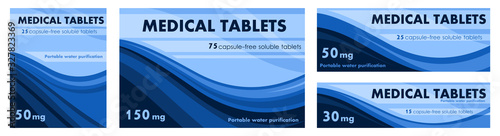 Medical pills label design concept. Sketch medicine packaging. Example: capsules for water purification. Or stickers for water equipment, filters, aquariums. Set for boxes of different sizes. Vector.
