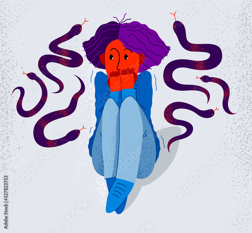 Herpetophobia fear of reptiles snakes and lizards vector illustration, girl surrounded by imaginary reptiles in panic attack and fear, mental health concept.
