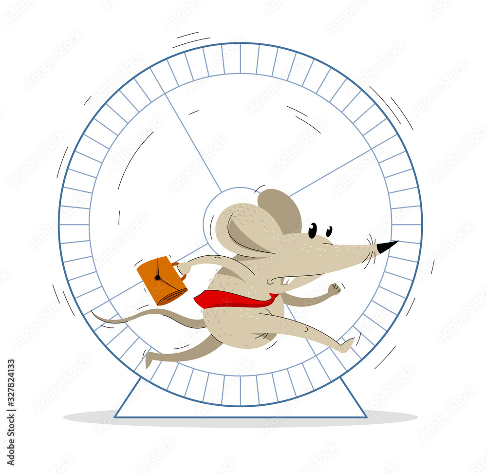 Funny cartoon mouse with tie and case like a businessman runs fast in a
