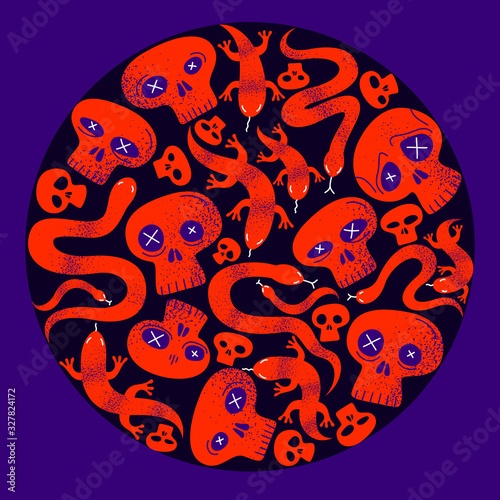 Skulls with lizards and snakes round composition in a circle vector design illustration, death sculls horror and fear theme concept, hard rock subculture style.