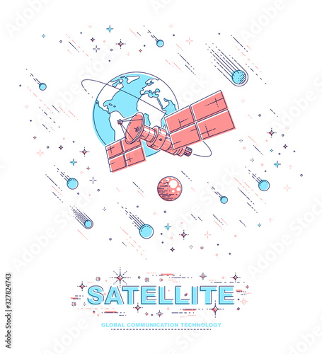 Communication satellite flying orbital spaceflight around earth, spacecraft space station with solar panels and satellite antenna plate, under meteor rain and stars. Vector.