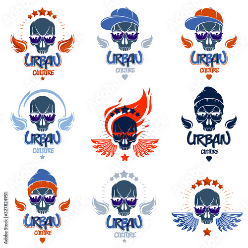 Skull in sunglasses and hat, urban theme vector logos or emblems set, gangster or thug illustrations, anarchy chaos hooligan, ghetto theme.