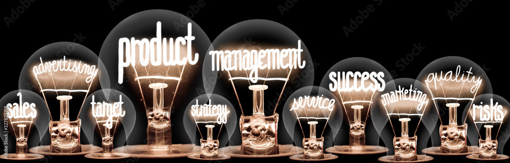 Light Bulbs with Product Management Concept - obrazy, fototapety, plakaty 