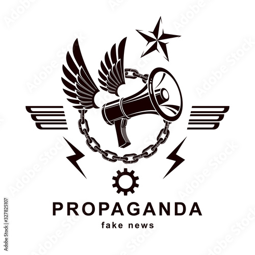 Vector winged logo composed with megaphone equipment surrounded by iron chain and engineering cog wheel. Propaganda as the method of ideology imposing