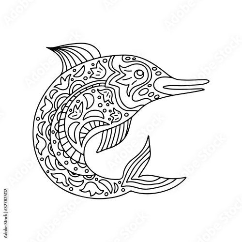 Hand drawn dolphin doodle decorative black vector illustration isolated on white background. Sea animal sketch. Design for coloring book, page, banner, print, t-shirt, card, flyer