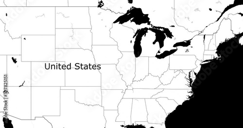 Black and white. Map of New York. World map. Map of the USA. Zoom from a world map to a map of New York. Zoom from USA map to New York map. 4K FHD 60 fps animation.