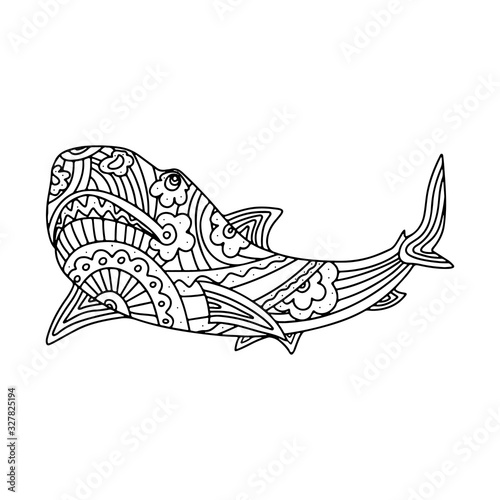 Hand drawn shark doodle decorative black  vector illustration isolated on white background. Sea animal sketch.  Design for coloring book, page, banner, print, t-shirt, card, flyer