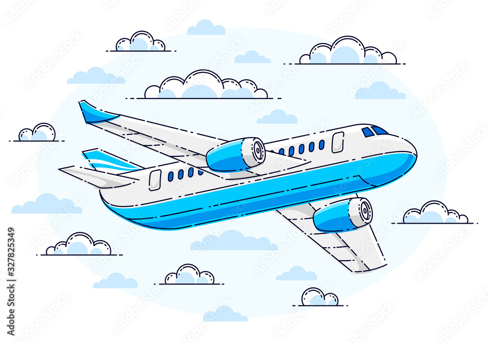 Plane passenger airliner flying in the sky surrounded by clouds, beautiful thin line vector isolated over white background.
