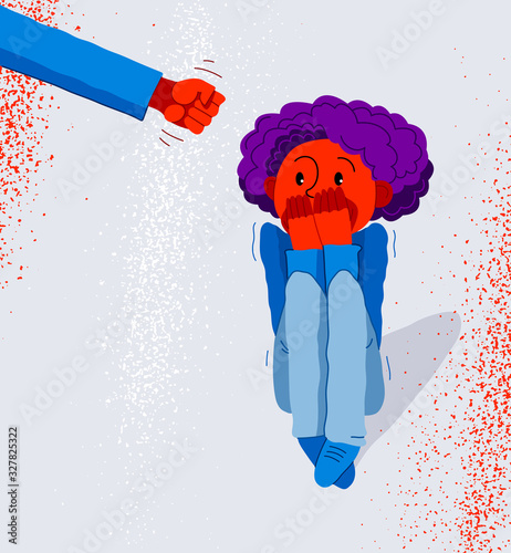 Domestic violence concept vector, clenched fist threats little kid scared boy, psychological abuse, bad parent son victim, despotic parents, abusive relations.