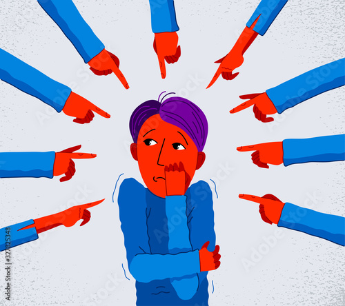Shaming and blaming vector concept, hand pointing finger on young man feeling uncomfortable and scared, discrimination problem of cruel and intolerant behavior in social groups.
