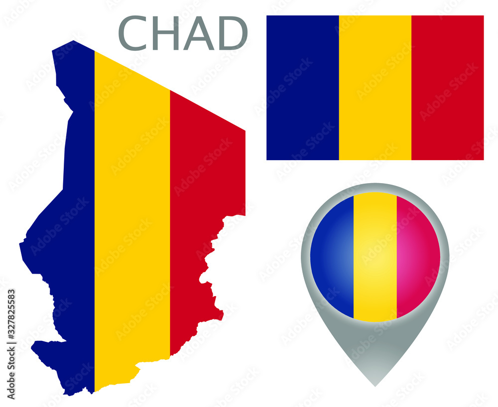 Vecteur Stock Colorful flag, map pointer and map of Chad in the colors ...