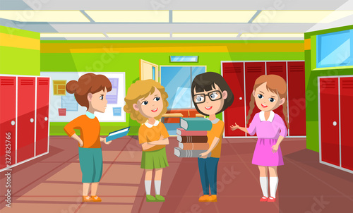 Girls discussing subjects in corridor vector, interior of hallway with lockers. Children with books smart classmates wearing glasses education, back to school concept. Flat cartoon