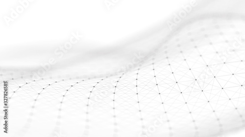 Wave of particles on white background. Network connection dots and lines. Digital background. 3d rendering.