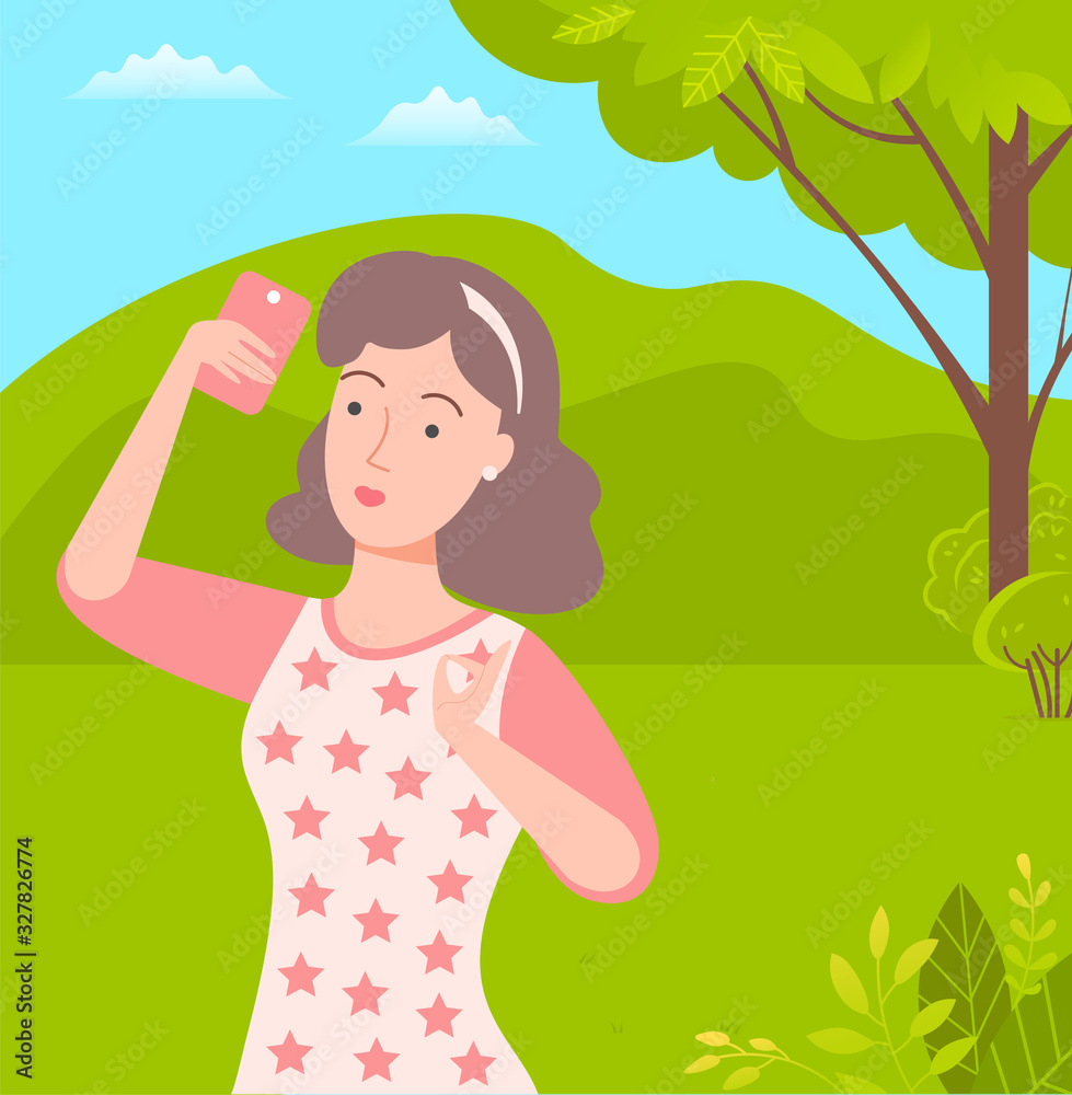 Girl with hair band taking selfie photo in park among green trees. Woman wearing t-shirt with stars holding smartphone walking outdoors vector illustration Girl with hair band taking selfie photo in park among green trees. Woman wearing t-shirt with stars holding smartphone walking outdoors vector illustration