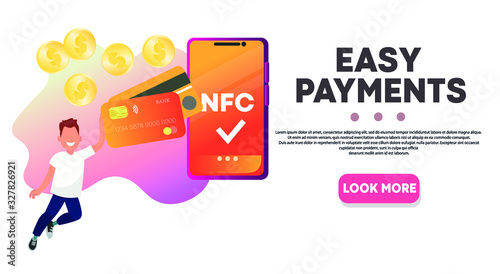 Easy contactless payment. NFC  payment system. Card with contactless payment option. NSF website design concept. Money and banking online. Деньги,бизнес, финансы, бесконтактная оплата, кредитная карта