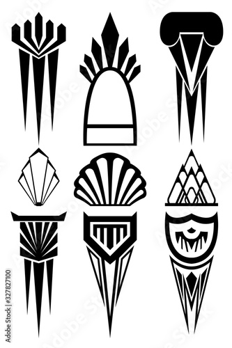 A set of nine different abstract icons. Set in the form of architectural and design moldings on the walls and columns in the style of the future.