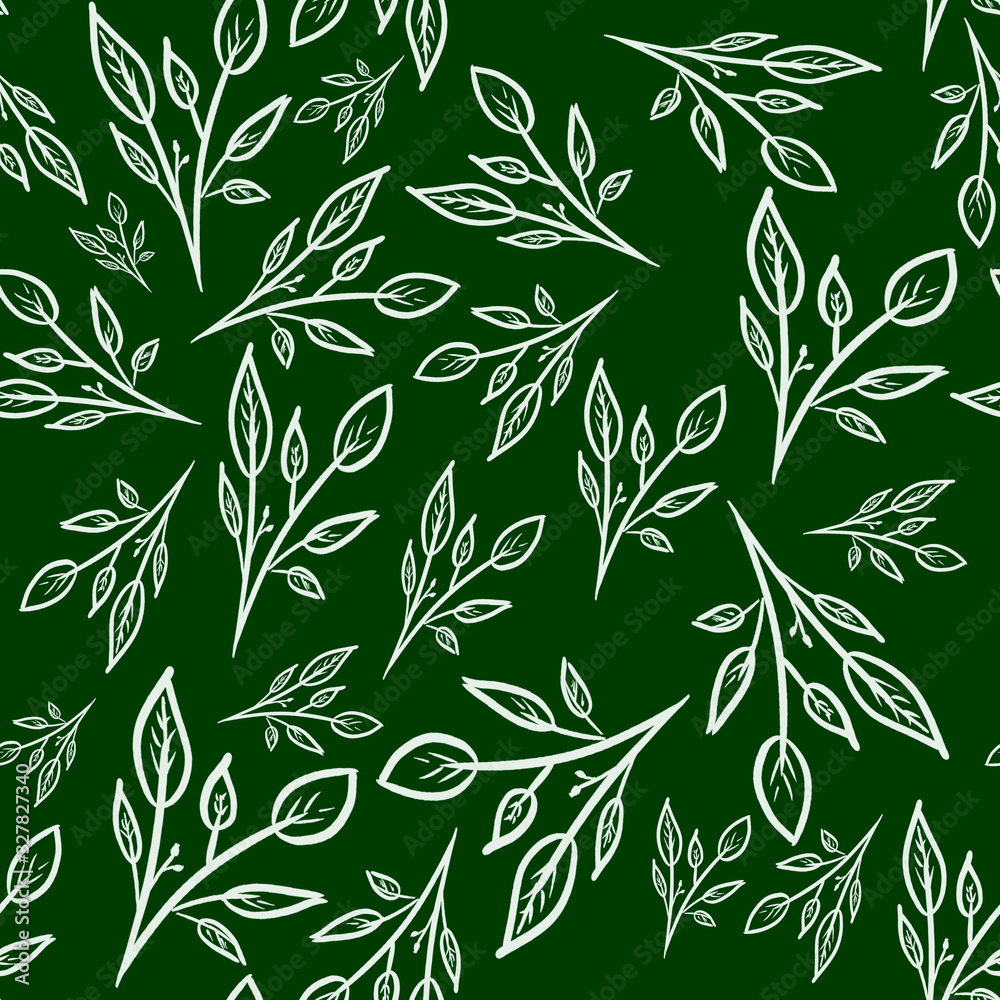 seamless pattern with white branches on dark green background. Luxury fashion print. Traditional. packaging, wallpaper, textile, fabric design