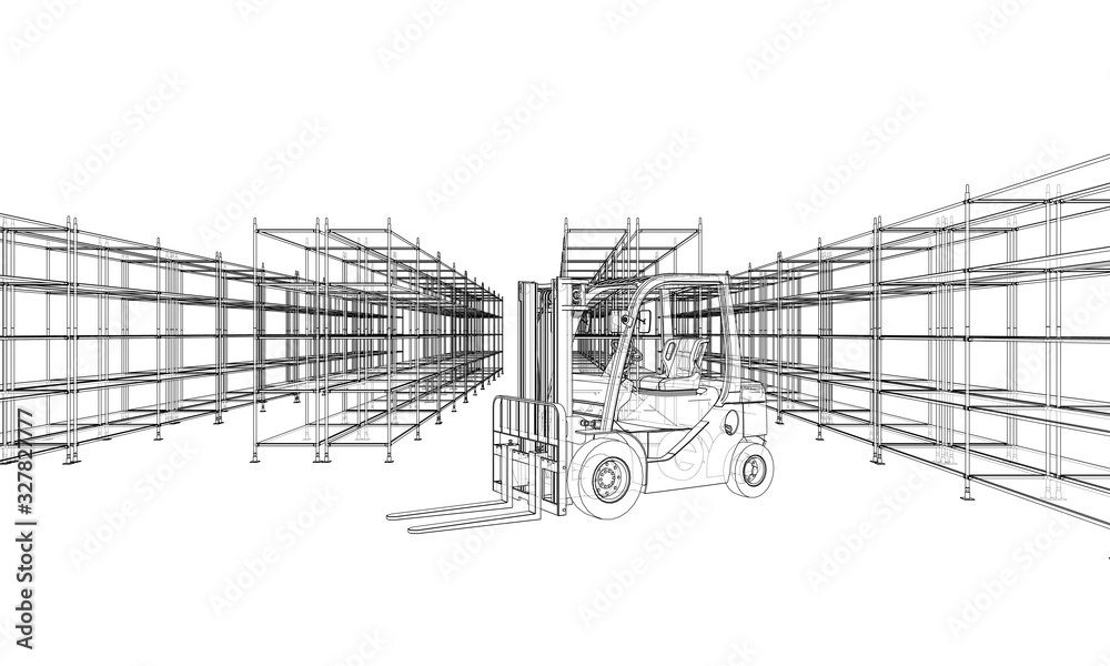 Warehouse shelves and forklift. Vector - obrazy, fototapety, plakaty 