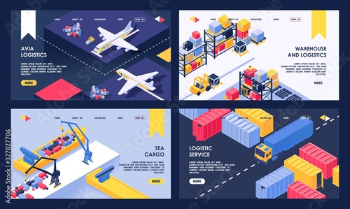 Logistic and warehouse service vector isometric illustration. Transport industry logistics, air transportation, sea cargo freight, storage distribution, truck loading delivery company landing page set
