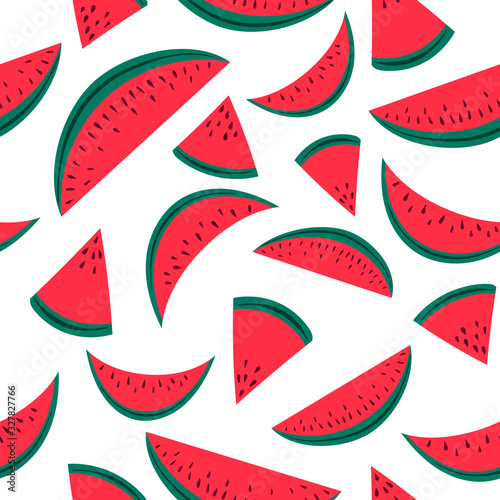 Seamless pattern with the image of slices of watermelon. Flat vector illustration isolated on white background.
