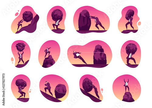 Businessman with boulder vector illustration set. Cartoon man pushing and carrying big rock up hill to reach goal and winning. Crisis problem of business people, burden, challenge, conquering concept