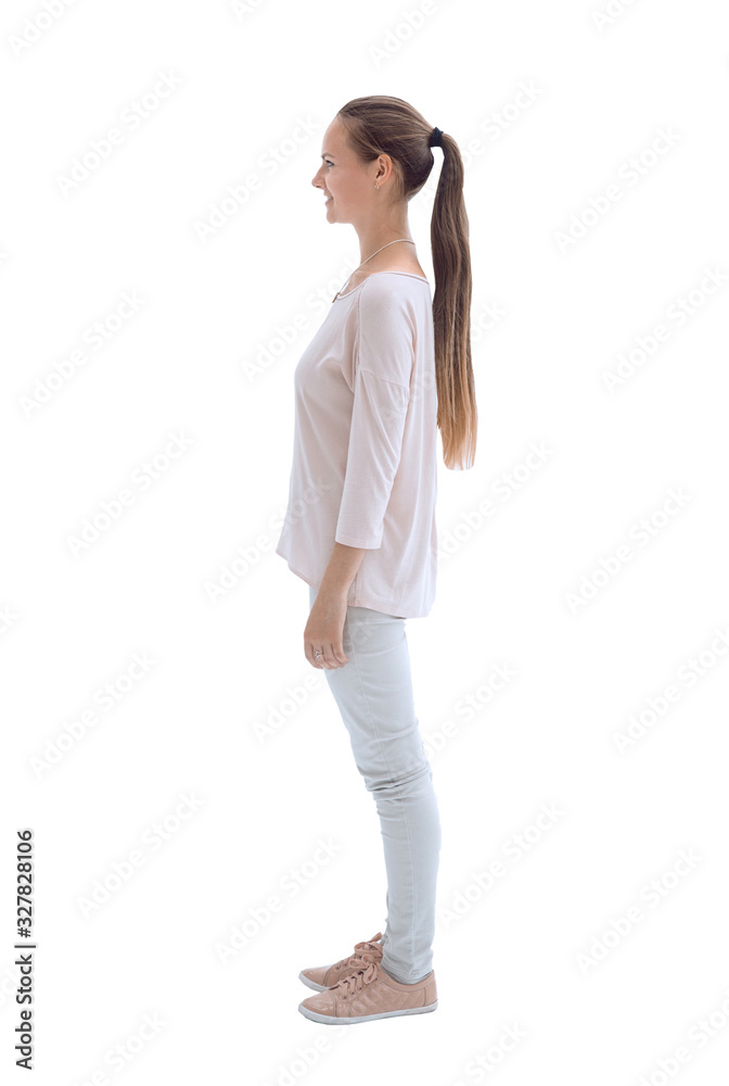 side view. beautiful young woman looking forward.