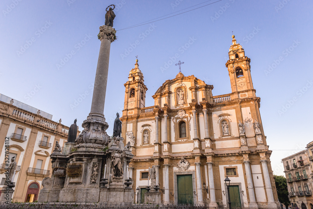 Immaculate Conception column and facade of Saint Dominic Church in Palermo, Sicily Island in Italy