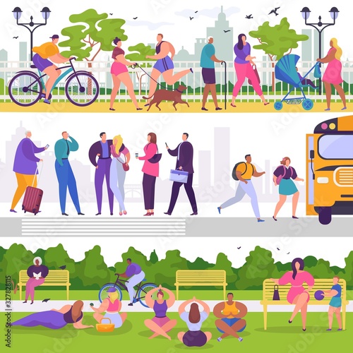 City people walking street and park vector illustrations. Cartoon woman man characters in outdoor park activity, walk, stand on sidewalk, relax in garden together, everyday city life summer cityscape