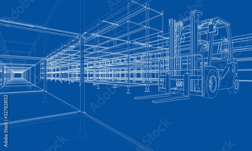 Warehouse shelves and forklift. Vector
