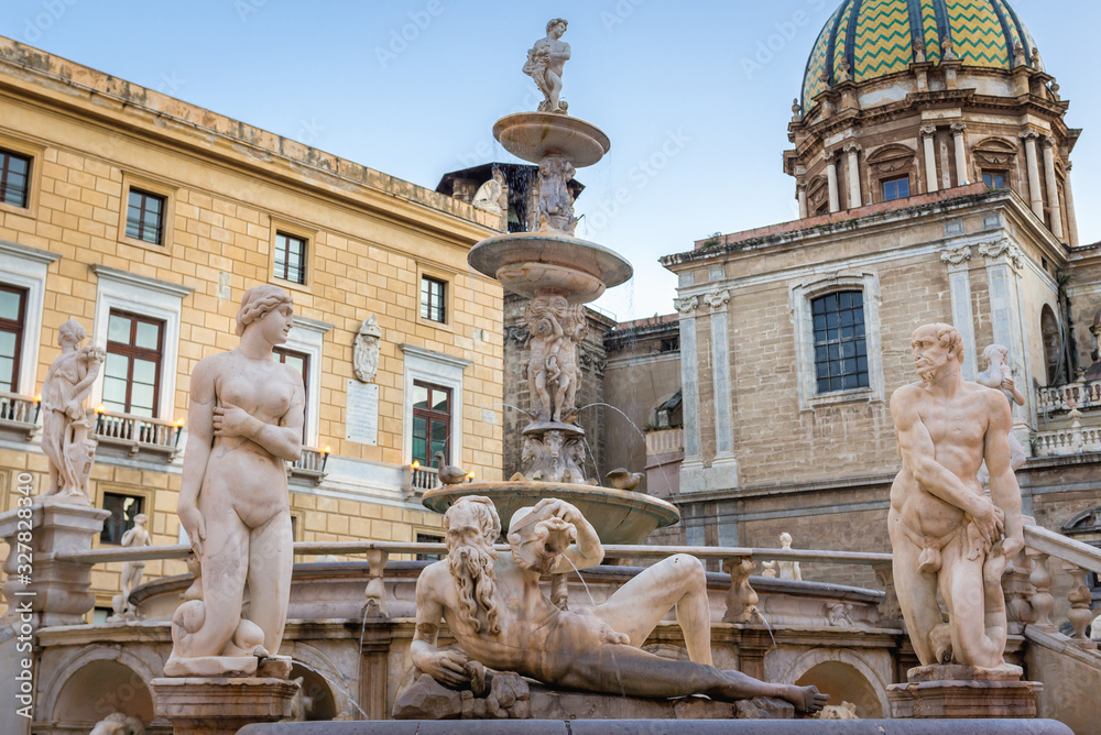Praetorian Fountain and Church of San Giuseppe dei Teatini located on Pretoria Square also called Square of Shame in Palermo, Italy