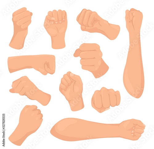 Cartoon fists vector illustrations. Woman hand with clenched fist, female caucasian clenches palm hand in different angles, raised hands, fisticuffs. Fight and protest concept, isolated icons set