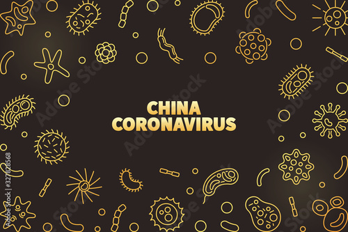 China Coronavirus Virus vector concept golden outline frame or illustration on dark background