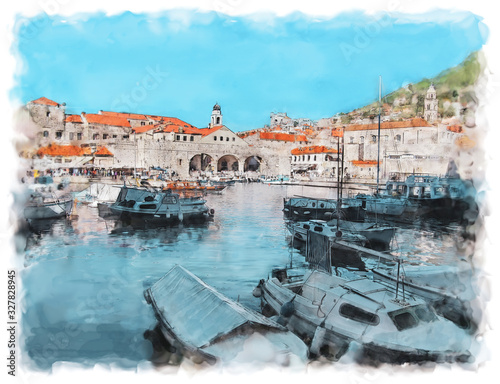 Watercolor illustration of Dubrovnik, Croatia. Beautiful bright color image with blue water of a sea bay, port and white buildings with red roofs. 