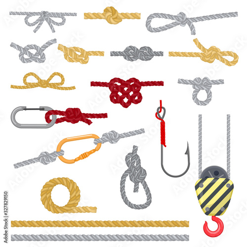 Knots set vector illustrations. Knotted strong rope with different complicated knots, loop, bow, fishing and cargo hook, metal snap for climbing or nautical rope equipment. Flat isolated icons set