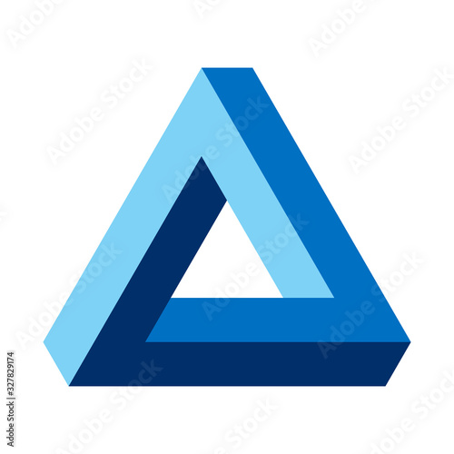 Penrose triangle, optical illusion, blue colored. Penrose tribar, an impossible object, appears to be a solid object, made of three straight bars. Isolated illustration on white background. Vector.