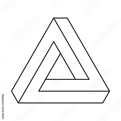 Penrose triangle, optical illusion, black outlines. Penrose tribar, an impossible object, appears to be a solid object, made of three straight bars. Isolated illustration on white background. Vector. photo