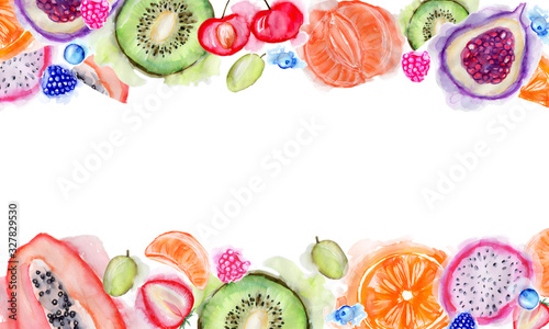 Fruits and berries. Watercolor hand painted border. Colorful illustration of fresh exotic fruits and berries.I solated on white background. Watercolor splashes and stains. Kiwi  passionfruit  papaya.