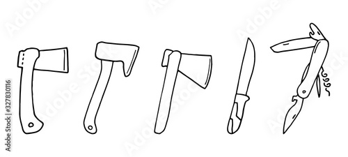 Single marching axe and knife. Vector drawing in Doodle style.