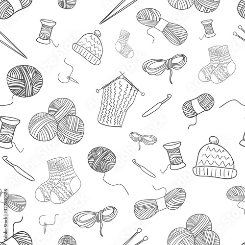 Seamless pattern doodle knitting icons, thread, yarn, knitting needles, socks.
