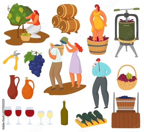 Wine and winemaking vector illustration set. Male and female farmer winemaker character harvest grapes from vineyard, woman and man pressing, making wine in winery. Wooden barrels, glasses, bottles