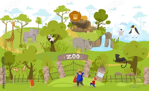 Happy family going to zoo, exotic animals cartoon characters, vector illustration. Parents and children together at zoo entrance, cute lion, panda, giraffe and penguins. Family people enjoy weekend photo