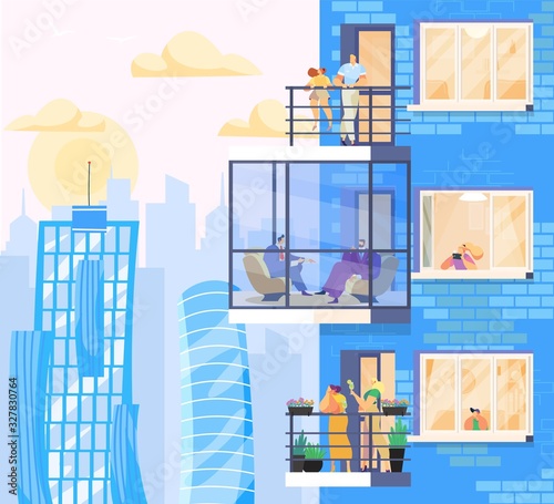 People at home, enjoying city view from modern apartments in skyscraper, vector illustration. Friends and business partners on balcony, kids look out window. Life in modern metropolis, city apartment