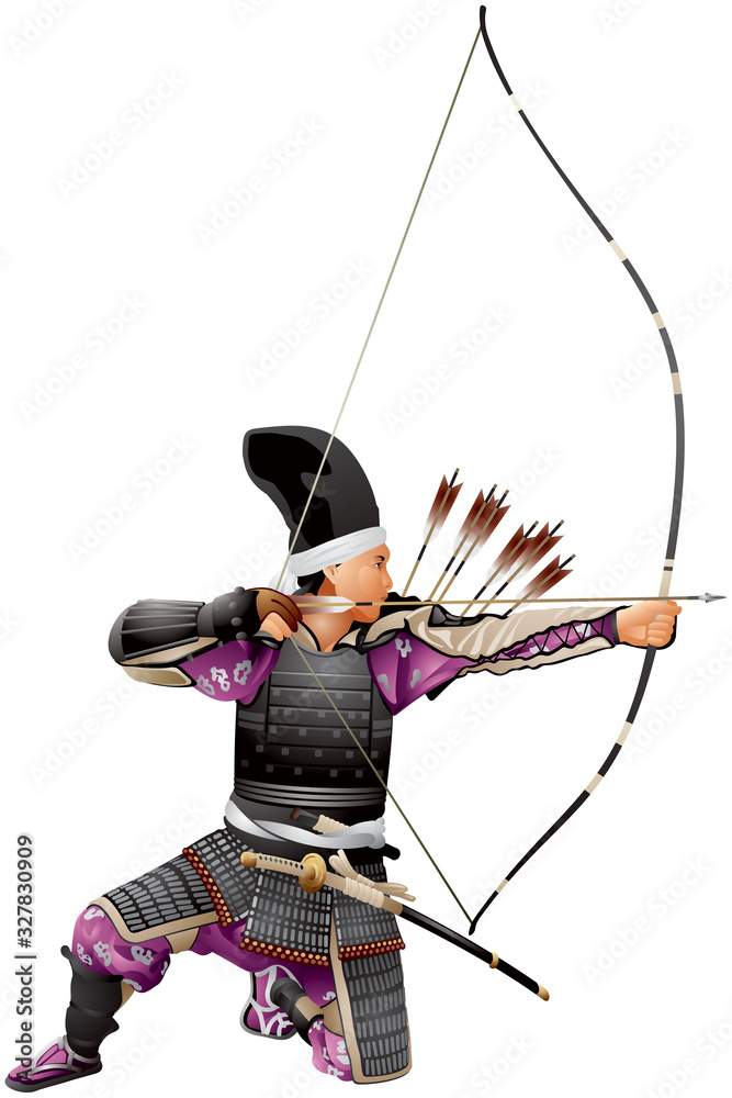 Vecteur Stock Samurai Archer, Japan Warrior Bushi with the bow, arrows ...