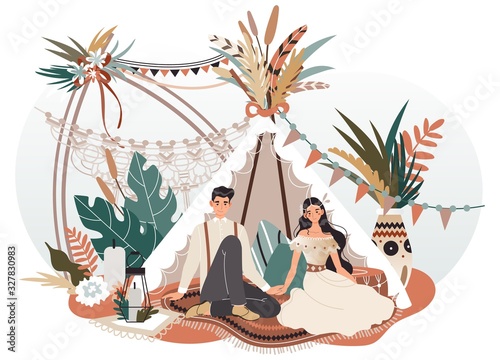 Romantic couple in boho style decorative tent, vector illustration. Happy man and woman together, hippie wigwam in romantic atmosphere. Boho decorations, couple holding hands, people cartoon character