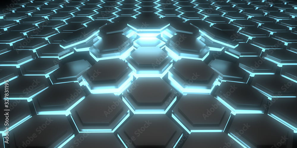 Fototapeta premium 3D abstract background with neon lights.pattern hexagon background. 3d illustration
