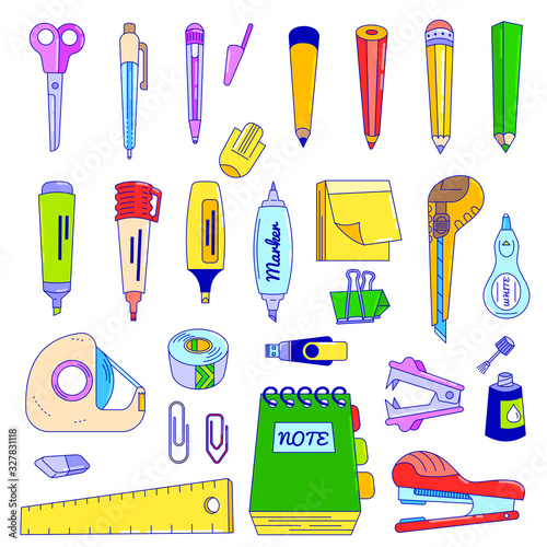 Office stationery line business assortment accessories vector stationer illustration isolated on white. Workplace education with scissors, pen, pencil, ruler. Marker, sharpener, notebook, and