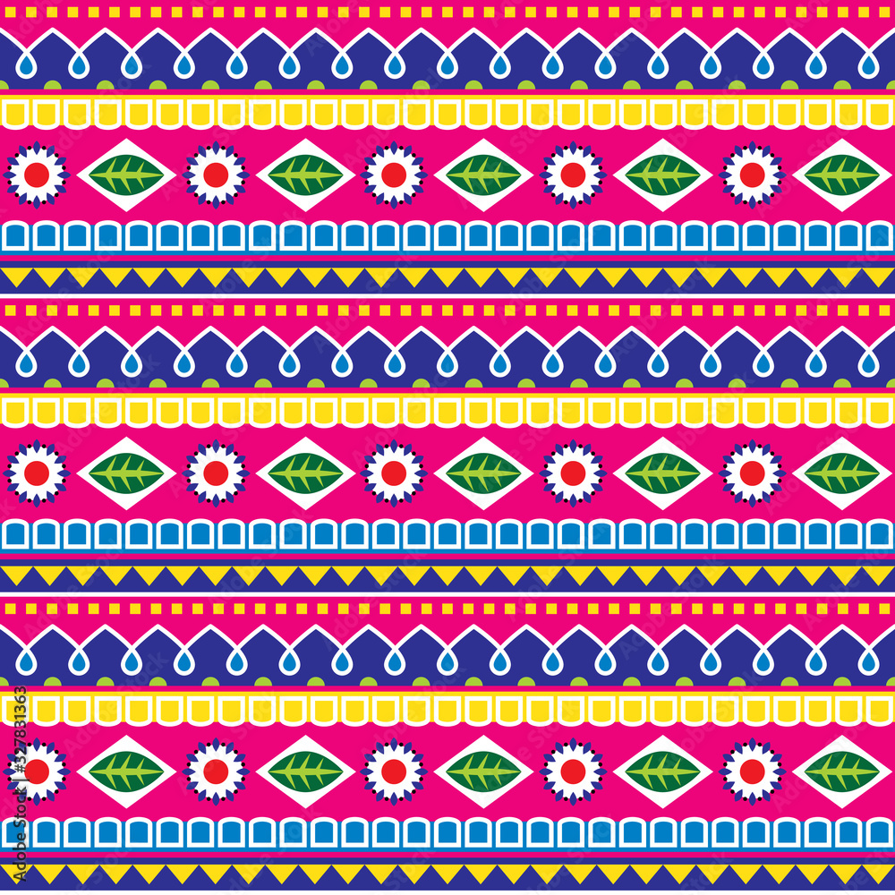 Pakistani or Indian truck art style seamless vector pattern, colorful decorative floral ornament Pakistani or Indian truck art style seamless vector pattern, colorful decorative floral ornament