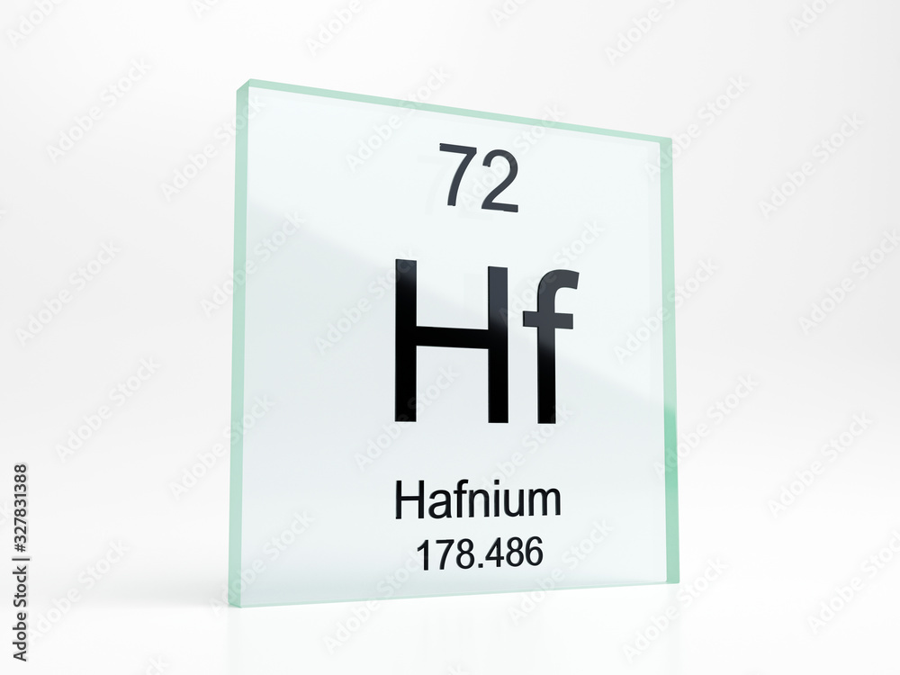 Hafnium element symbol from periodic table on glass icon - realistic 3D render	