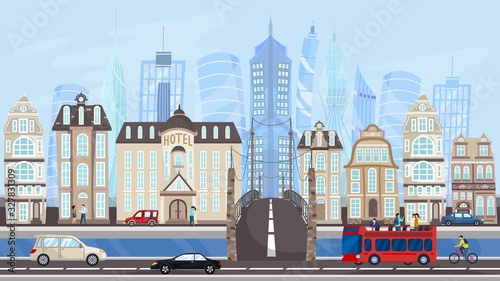 Architecture of modern metropolis, city buildings and traffic, vector illustration. Road along river or canal, city street with cars and tour bus. Old houses and new skyscrapers, downtown cityscape
