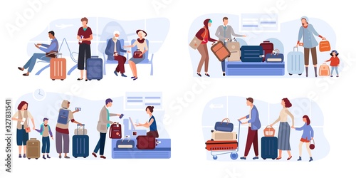 Traveler people in airport lounge with tickets, suitcase on hand drawn airline vector illustration. Man, women, child with luggage sit on airport bench, carry baggage ,checkin flight, awaiting flight © Vectorwonderland